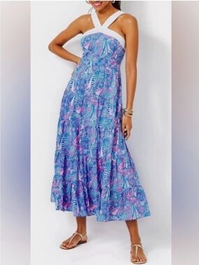 Lilly Pulitzer Blue & Pink Tropical Maxi Dress with White Straps 12